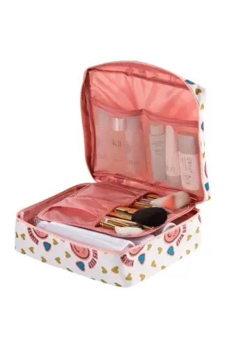 Su Geçirmez Özellikli Organizer Kozmetik Makyaj Çantası Gülen Pembe (17*23*8 CM EBATLARINDA)-Gülen Pembe 