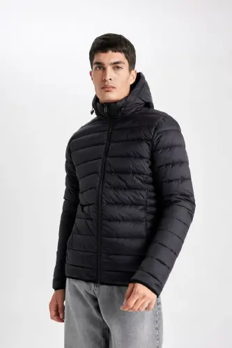 Su İtici Hafif Şişme Mont Slim Fit Dar Kesim Kapüşonlu Fermuarlı Cepli Mevsimlik Siyah - 1