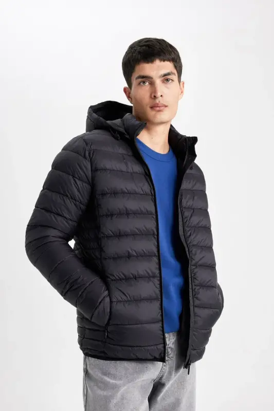 Su İtici Hafif Şişme Mont Slim Fit Dar Kesim Kapüşonlu Fermuarlı Cepli Mevsimlik Siyah - 3