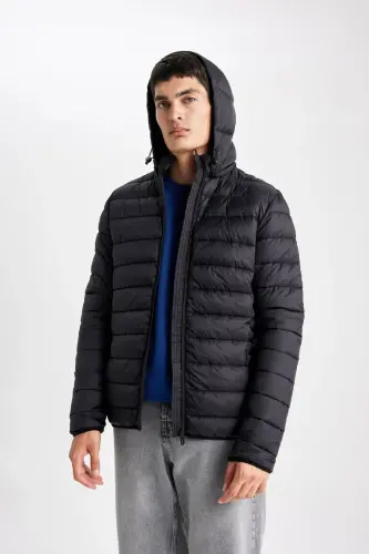 Su İtici Hafif Şişme Mont Slim Fit Dar Kesim Kapüşonlu Fermuarlı Cepli Mevsimlik Siyah - 4