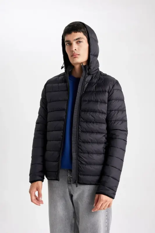 Su İtici Hafif Şişme Mont Slim Fit Dar Kesim Kapüşonlu Fermuarlı Cepli Mevsimlik Siyah - 4