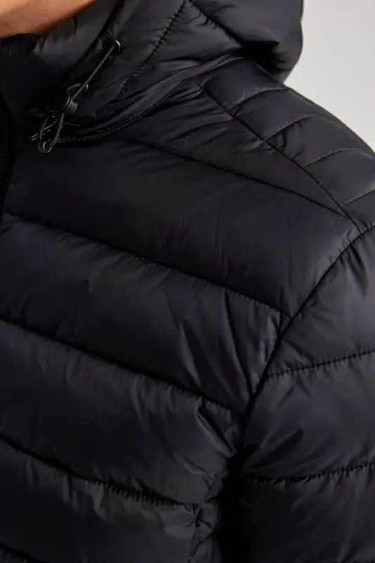 Su İtici Hafif Şişme Mont Slim Fit Dar Kesim Kapüşonlu Fermuarlı Cepli Mevsimlik Siyah - 5