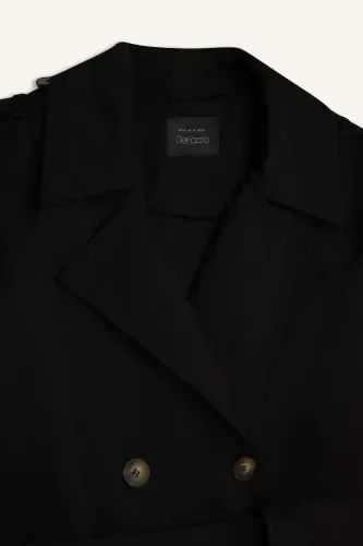 Su İtici Oversize Geniş Kalıp Uzun Trençkot Kruvaze Yaka Düğmeli Cepli Kol Ucu Katlamalı Rüzgarlık Detaylı Mevsimlik-Siyah - DEFACTO (1)