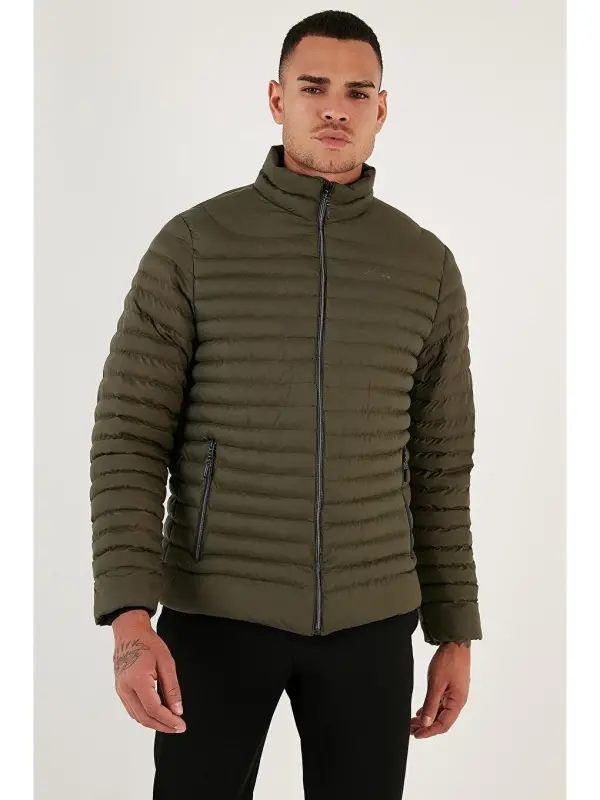 Haki Su İtici Slim Fit Cepli Dik Yaka Şişme Mont 649010-Haki - 3