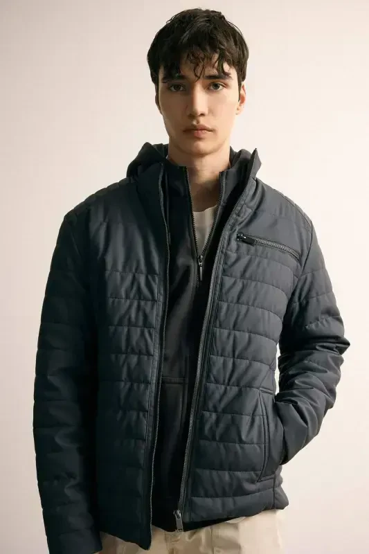 Su İtici Slim Fit Suni Deri Mont Dar Kesim Dik Yaka Fermuarlı Cepli B3568AX24SP-Antrasit - DEFACTO