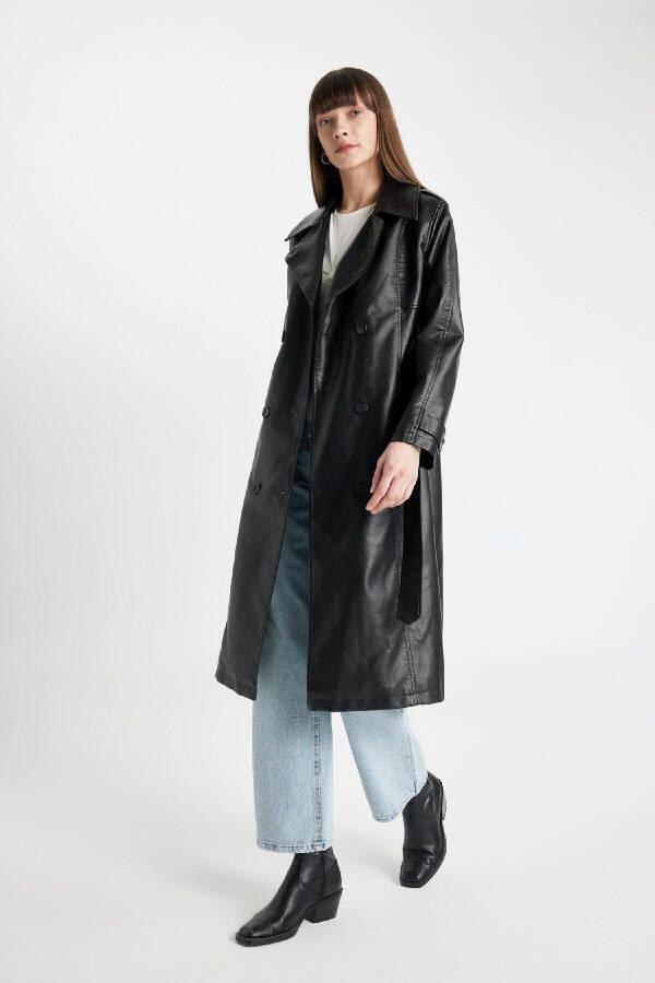 Su Itici Suni Deri Trençkot Kruvaze Yaka Düğmeli Kemerli Cepli A7960ax24au - Black - 7