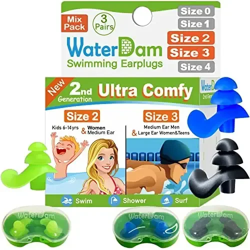 WaterDam Swimming Ear Plugs Great Waterproof Ultra Comfy Earplugs Prevent Swimmer's Ear 