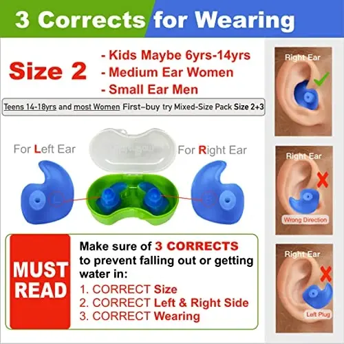 WaterDam Swimming Ear Plugs Great Waterproof Ultra Comfy Earplugs Prevent Swimmer's Ear (Size 2+2+2: Kids Teens Medium Ear Women Small Ear Men (3 Pairs Blue)) - 5