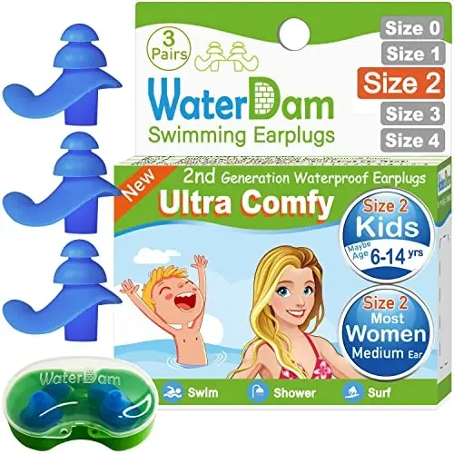 WaterDam Swimming Ear Plugs Great Waterproof Ultra Comfy Earplugs Prevent Swimmer's Ear (Size 2+2+2: Kids Teens Medium Ear Women Small Ear Men (3 Pairs Blue)) - 6