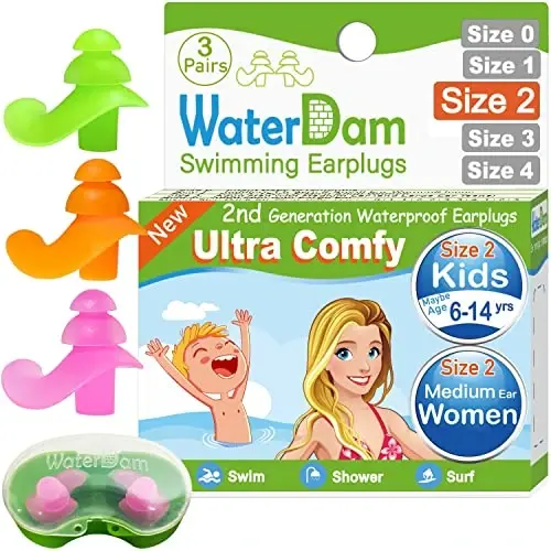WaterDam Swimming Ear Plugs Great Waterproof Ultra Comfy Earplugs Prevent Swimmer's Ear (Size 2: 6-14yrs Kids Teens Medium Small Ear Women Men (Green Orange Pink)) - 1
