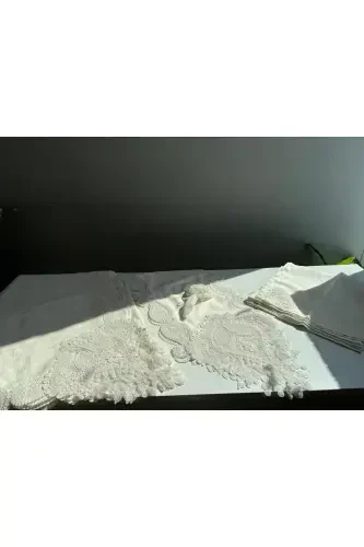 Su Tomchisi Ekru 12 Kishilik 26 Qismli Frantsuz Dantelli Chеyzlik Ovqat Stoli Dasturxon Seti Runner To'plam - 2