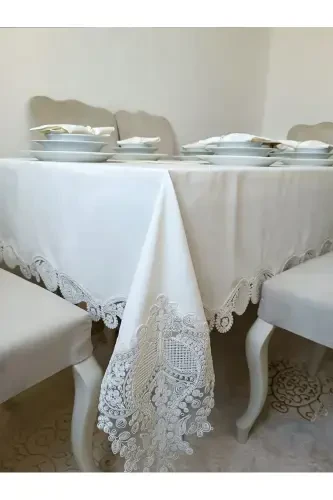 Su Tomchisi Ekru 12 Kishilik 26 Qismli Frantsuz Dantelli Chеyzlik Ovqat Stoli Dasturxon Seti Runner To'plam - 4