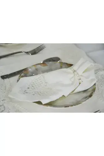 Su Tomchisi Ekru 12 Kishilik 26 Qismli Frantsuz Dantelli Chеyzlik Ovqat Stoli Dasturxon Seti Runner To'plam - 7