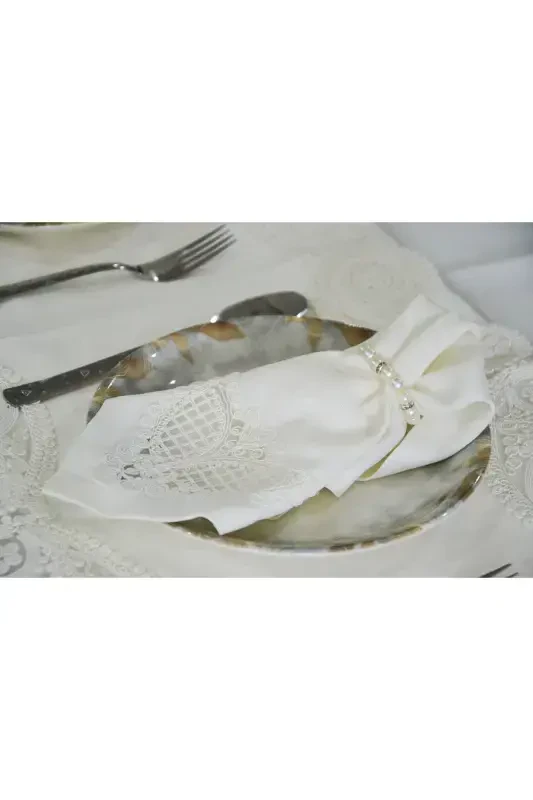 Su Tomchisi Ekru 12 Kishilik 26 Qismli Frantsuz Dantelli Chеyzlik Ovqat Stoli Dasturxon Seti Runner To'plam - 7