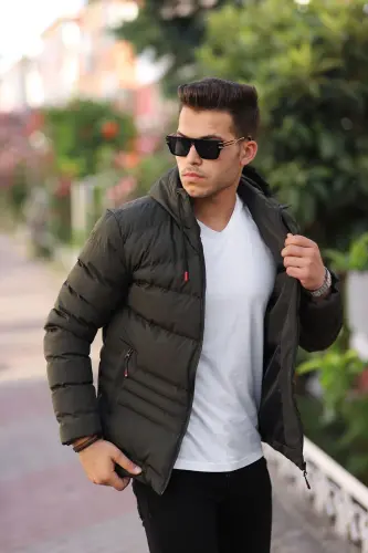 Su Ve Rüzgar Geçirmez Erkek Kapüsonlu Kışlık Mont Şişme Mont-haki - 3