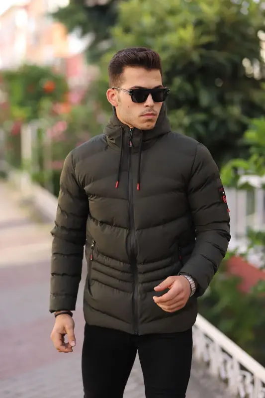 Su Ve Rüzgar Geçirmez Erkek Kapüsonlu Kışlık Mont Şişme Mont - haki - 2