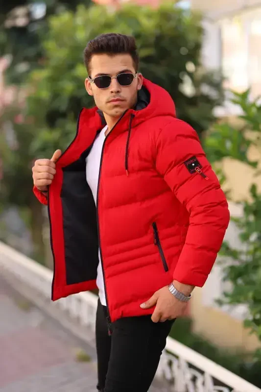 Su Ve Rüzgar Geçirmez Erkek Kapüsonlu Kışlık Mont Şişme Mont-kırmızı - 1