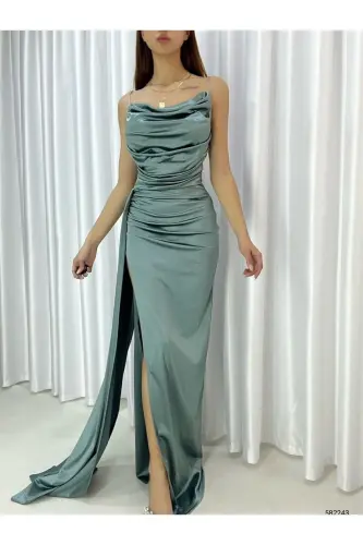 Su Yeşili Saten Ön Pileli Abiye Elbise-Su Yeşili - 1