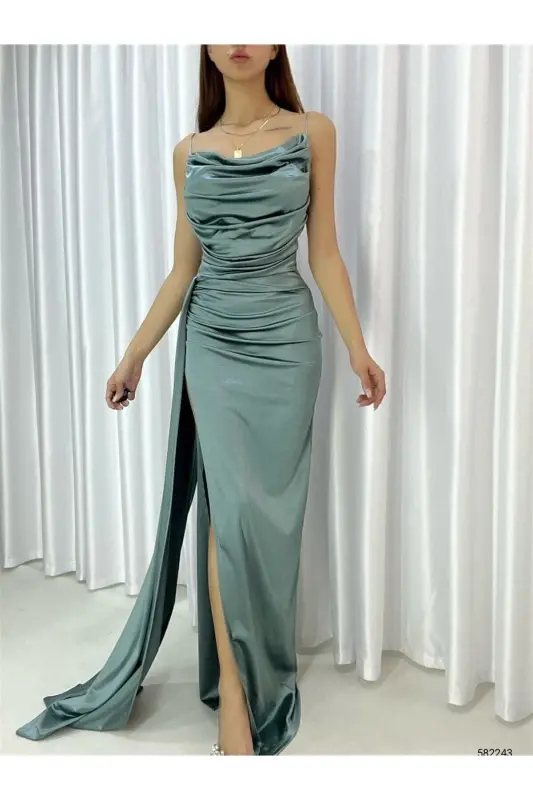 Su Yeşili Saten Ön Pileli Abiye Elbise-Su Yeşili - 1