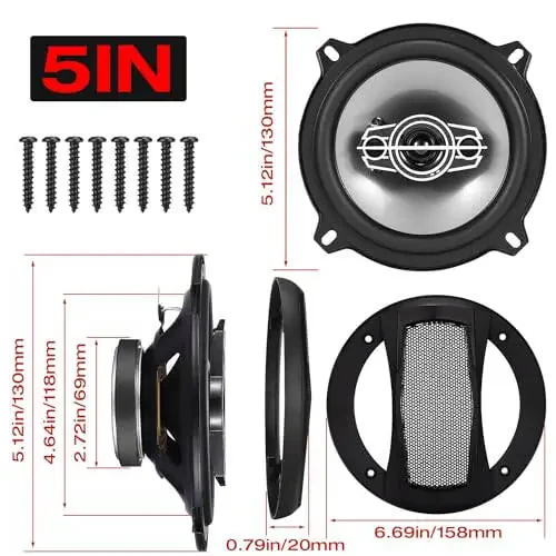 Suacopzar 5 Inch 4-Way Coaxial Speakers, 300W Max 4OModazone Car Audio With PEI Dome Tweeters, Compact for Truck Door Speaker Replacement (Pair) - 3
