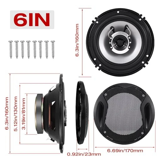 Suacopzar 6in 2-Way Coaxial Car Speakers, 400W (100W RMS), Universal Car Stereo Speaker Replace, Auxiliary Coaxial Speaker W/Wire & Cover (Pair) - 3