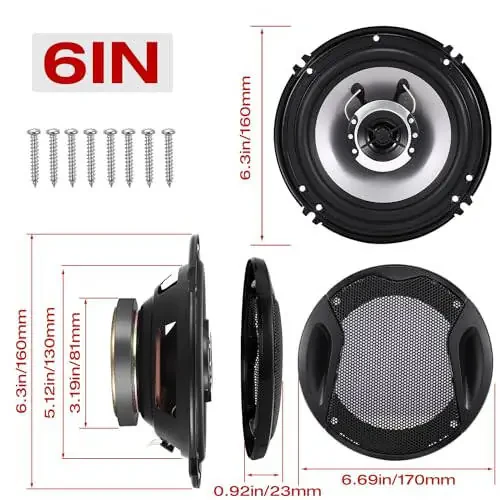 Suacopzar 6in 2-Way Coaxial Car Speakers, 400W (100W RMS), Universal Car Stereo Speaker Replace, Auxiliary Coaxial Speaker W/Wire & Cover (Pair) - 3