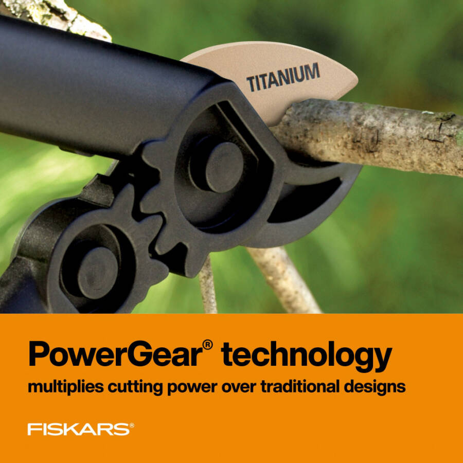 Сучкорез Fiskars PowerGear Titanium (15 дюймов), с храповым механизмом, черно-оранжевый, 1 штука. - 3