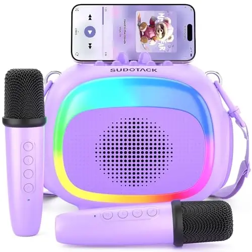 SUDOTACK Mini Karaoke Machinasi, 2 ta simsiz LED mikrofonli ko'chma Bluetooth Karaoke dinamikasi, 4, 5, 6, 7, 8, 9, 10 + yoshli qizlar uchun tug'ilgan kun bolalari uchun o'yinchoqlar sovg'alari-binafsha (KM100) - 2