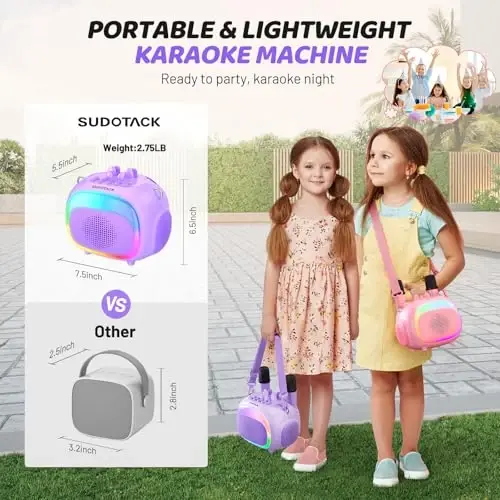 SUDOTACK Mini Karaoke Machinasi, 2 ta simsiz LED mikrofonli ko'chma Bluetooth Karaoke dinamikasi, 4, 5, 6, 7, 8, 9, 10 + yoshli qizlar uchun tug'ilgan kun bolalari uchun o'yinchoqlar sovg'alari-binafsha (KM100) - 3