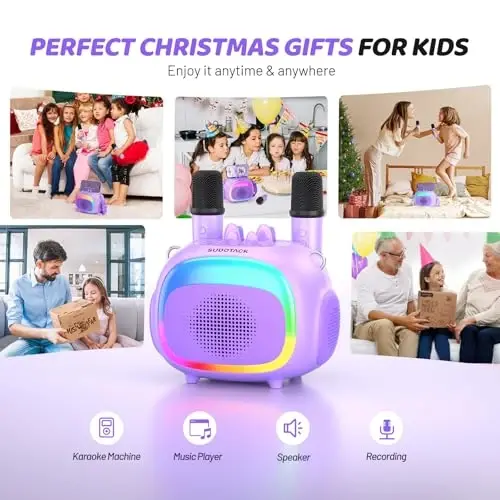 SUDOTACK Mini Karaoke Machinasi, 2 ta simsiz LED mikrofonli ko'chma Bluetooth Karaoke dinamikasi, 4, 5, 6, 7, 8, 9, 10 + yoshli qizlar uchun tug'ilgan kun bolalari uchun o'yinchoqlar sovg'alari-binafsha (KM100) - 4