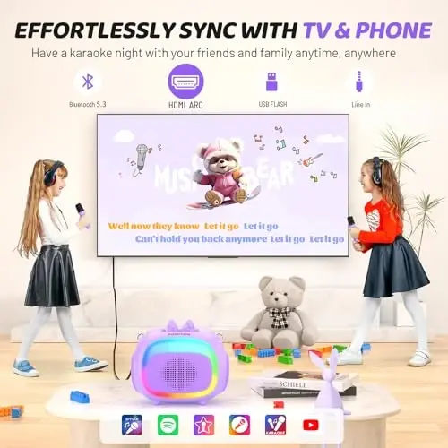 SUDOTACK Mini Karaoke Machine for Kids, Portable Bluetooth Karaoke Speaker with 2 Wilreless Microphones with LED Lights, Birthday Kids Toys Gifts for Girls 4, 5, 6, 7, 8, 9, 10 +Year Old-Purple(KM100) - 6