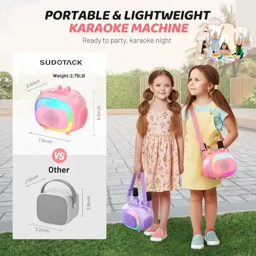 SUDOTACK Mini Karaoke Machine for Kids, Portable Bluetooth Karaoke Speaker with 2 Wilreless Microphones with LED Lights, Christamas Kids Gifts for Girls 4, 5, 6, 7, 8, 9, 10 +Year Old-Pink(KM100) - 4