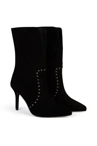 Suede Rivet Detailed Short Boot - 001-Black - 1
