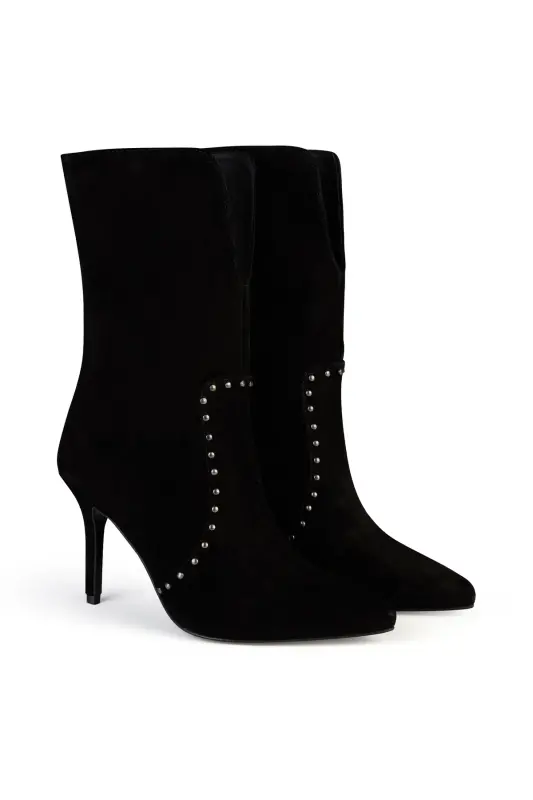 Suede Rivet Detailed Short Boot - 001-Black - 1