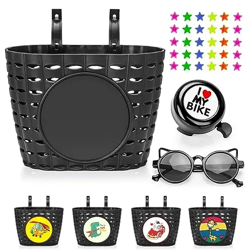 Suerico Kids Bike Basket,Bicycle Basket with Bell,Wheel Spokes, Glasses,Bike Accessories for Boys Girls 