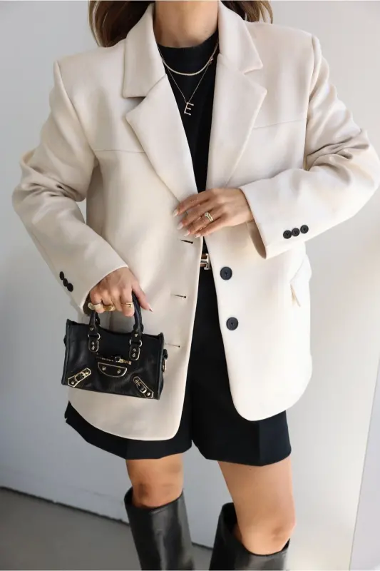 süet nubuk kumaş üç düğme bol kesim orta boy dikiş detay pinterest marka muadil blazer ceket - taş - 1