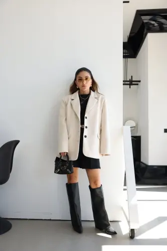 süet nubuk kumaş üç düğme bol kesim orta boy dikiş detay pinterest marka muadil blazer ceket - taş - 3
