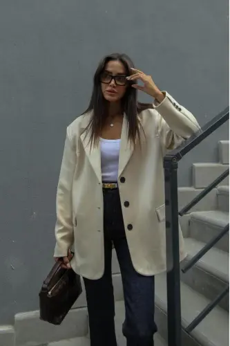süet nubuk kumaş üç düğme bol kesim orta boy dikiş detay pinterest marka muadil blazer ceket - taş - 6