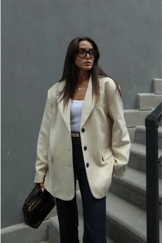 süet nubuk kumaş üç düğme bol kesim orta boy dikiş detay pinterest marka muadil blazer ceket - taş - 7