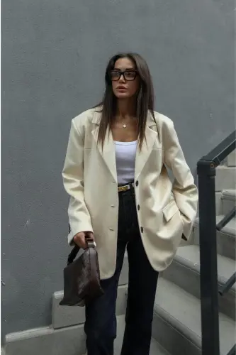 süet nubuk kumaş üç düğme bol kesim orta boy dikiş detay pinterest marka muadil blazer ceket - taş - 8