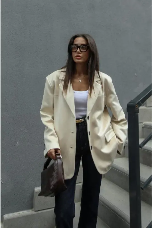 süet nubuk kumaş üç düğme bol kesim orta boy dikiş detay pinterest marka muadil blazer ceket - taş - 8