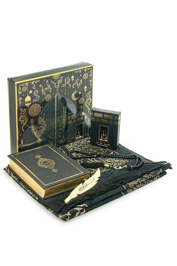 Suitable gift for a groom's gift box: Medina-bound Quran Karim and a dowry prayer rug set in black - 1