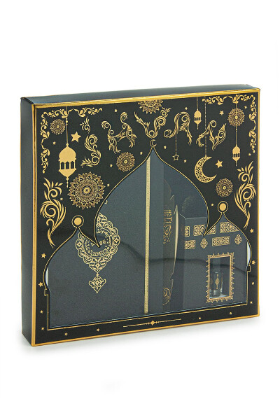 Suitable gift for a groom's gift box: Medina-bound Quran Karim and a dowry prayer rug set in black - 4