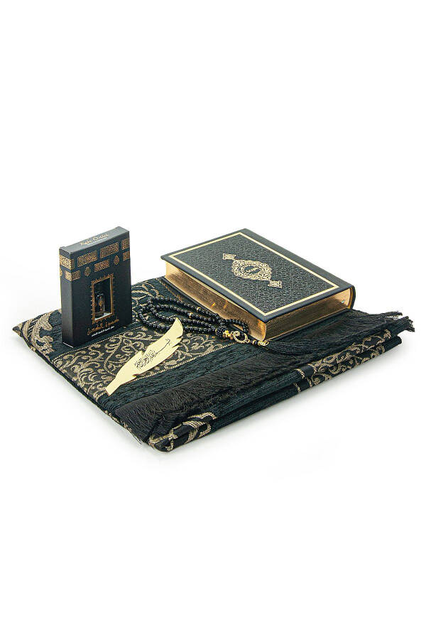 Suitable gift for a groom's gift box: Medina-bound Quran Karim and a dowry prayer rug set in black - 5