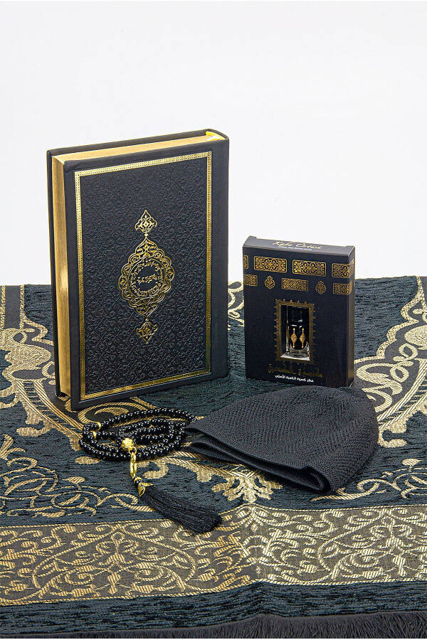 Suitable gift for a groom's gift box: Medina-bound Quran Karim and a dowry prayer rug set in black - 6