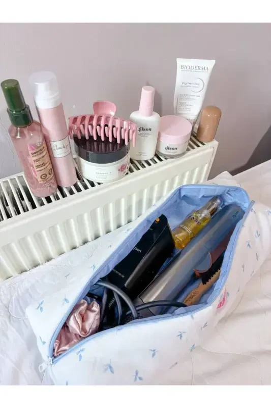 Сумка для завивки волос с белыми синими цветами, совместимая с Airwrap Airstrait, большая дорожная сумка - белые синие цветы - 2