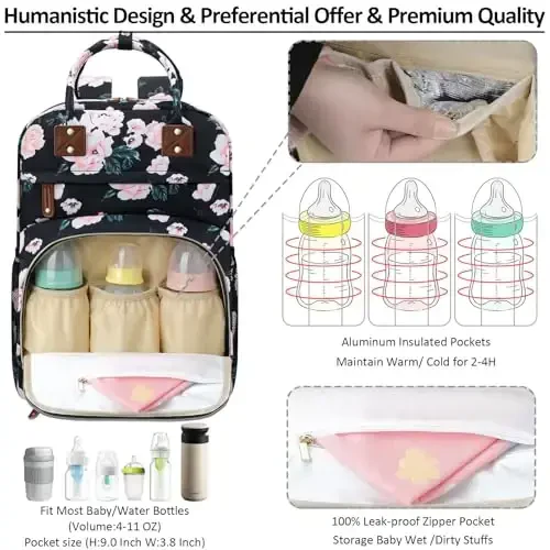 Сумка-тоут для подгузников для женщин, большая вместимость, с термокарманами, многофункциональные сумки для подгузников для девочек и мальчиков, водонепроницаемые сумки для младенцев, сумка для беременных, черно-розовый цветочный принт - 2