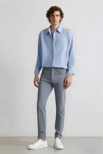 Summer Chino Canvas Trousers Slim Fit Narrow Cut Pocketed Slim Leg - Light Indigo - DEFACTO (1)