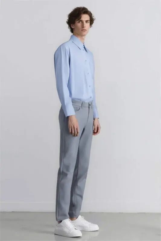 Summer Chino Canvas Trousers Slim Fit Narrow Cut Pocketed Slim Leg - Light Indigo - 4