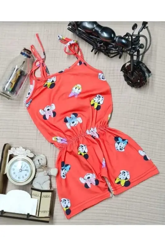 Summer Digital Printed Strappy Girls Jumpsuit Dress - Orange - 1